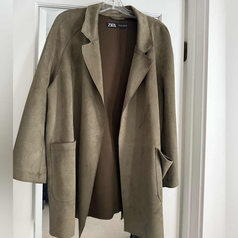 Zara Olive Green Faux Suede Open Front Coat